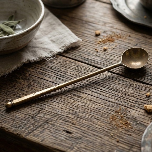 Handmade Other - Vintage Handcrafted Long Handle Brass Spoon Etched Primitive Decorative Ladle 17